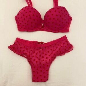 Pink Heart Patterned Bra and Panty Set
